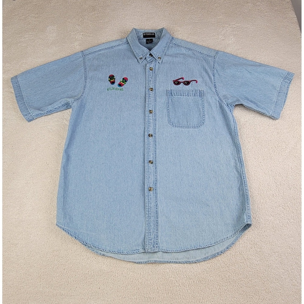 UltraClub Womens M Beach Embroidered Coastal Graphic Short Sleeve Denim Shirt